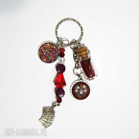 Breloczek Steampunk Karciany Druzy - srebrny brelok do kluczy z fiolką i kaboszonem