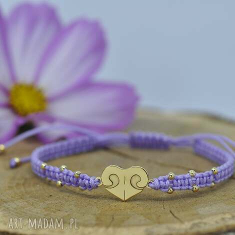 Serce i nosek psa - bransoletka z psem ze srebra 925 pozłacanego, fioletowy sznurek, handmade
