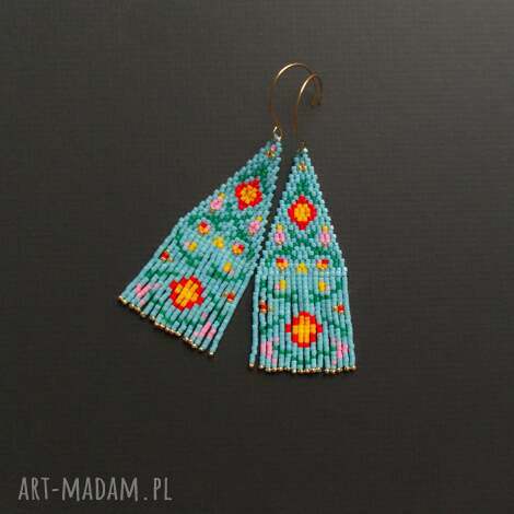herinia kolczyki z frędzlami koralików - turkusowe, akcenty złota, styl boho