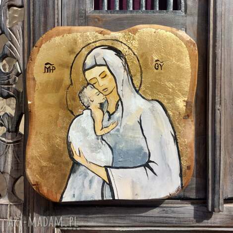 bogurodzica ikona na teakowym drewnie, ręcznie malowana i złocona o wymiarach