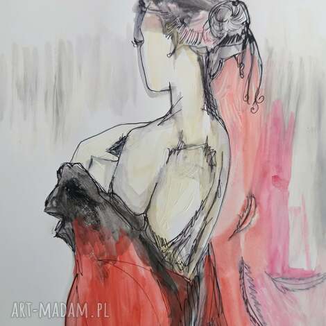 Zamyślona kobieta - oryginalna grafika mixed media A4
