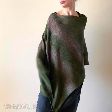 poncho ponczo bawełniane brąz khaki tunika, narzutka, unikat, prezent