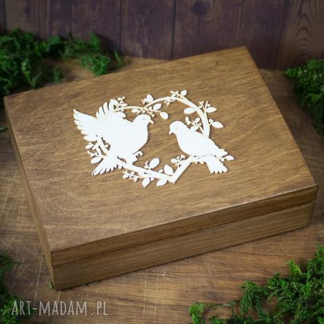 drewniane pudełko na obrączki - serce z gołąbkami, pudełko, obrączki, drewno