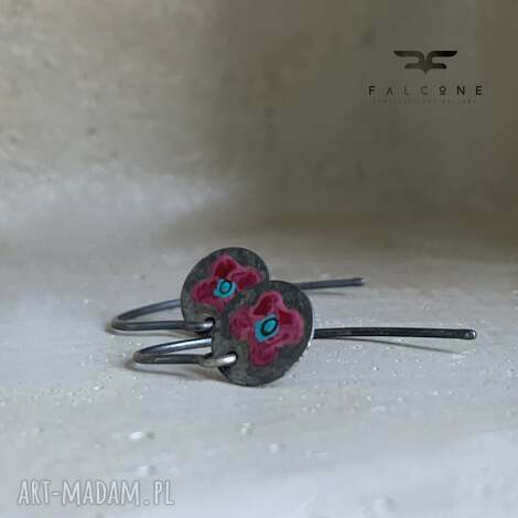 Oksydowane kolczyki srebro bordo i turkus - handmade