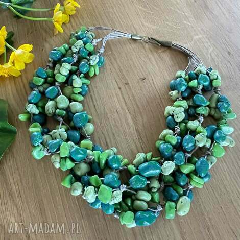 Herbarium Jewelry - lniany naszyjnik z howlitem i jadeitem c761o, naszyjnik na lato, zielony