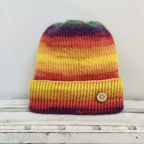 Kolorowa czapka beanie z wywinięciem S/M z wełną merino - ręcznie robiona