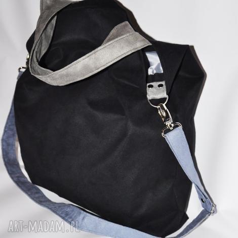 Torba hobo XXL na ramię wegańska z alcantry - czerń, szary i szaroniebieski