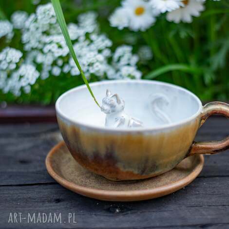 Filiżanka z kotem Tajga 300 ml - ceramika handmade z talerzykiem