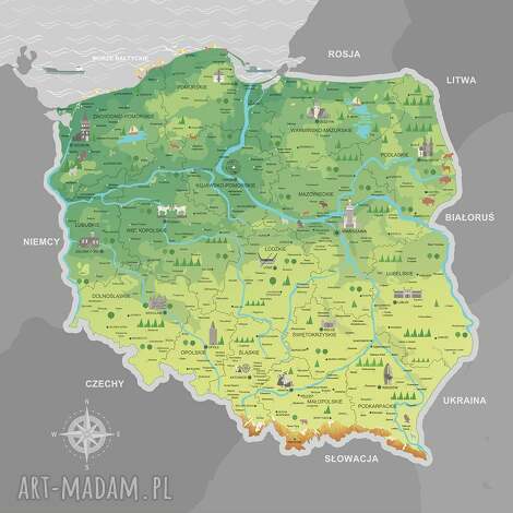 tablica korkowa mapa polski nr 1szara plus ramka obraz 50x50 pinezki