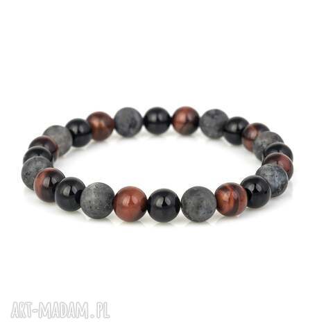 Bransoletka handmade z byczego oka, labradorytu i onyksu 8 mm - czerwień i czarne akcenty