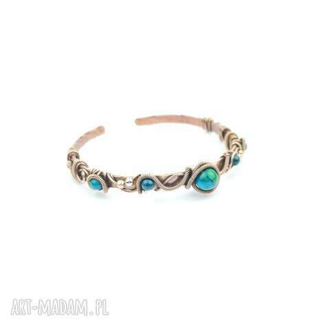 Miedziana bransoleta mankietowa z chryzokolą i hematytem - wire wrapping
