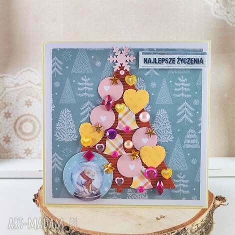Świąteczna kartka z choinką - scrapbooking handmade 15x15 cm, Bee Bee, złota koperta
