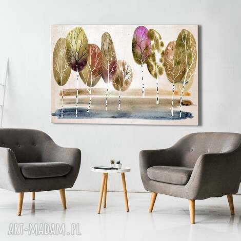 Akwarelowy pejzaż z brzozami - obraz do salonu 120x80 cm na płótnie