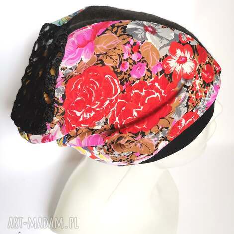 Czapka damska boho z patchworku i koronki - etno folk, rozmiar uniwersalny