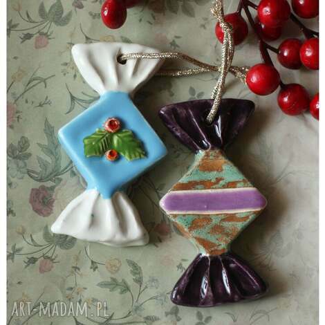 Zestaw cukierków VII na choinkę - 2 ceramiczne ozdoby handmade z gliny szamotowej