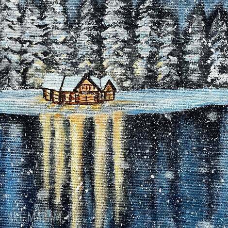 Zimowy weekend nad jeziorem - ręcznie malowany obraz akrylowy 18x24 cm