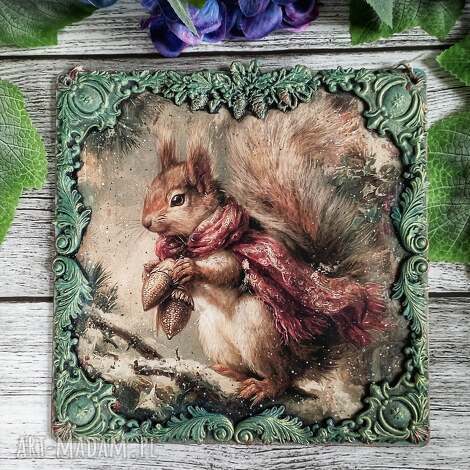 Dekoracyjny medalion vintage z wiewiórką - decoupage shabby chic 20x20 cm