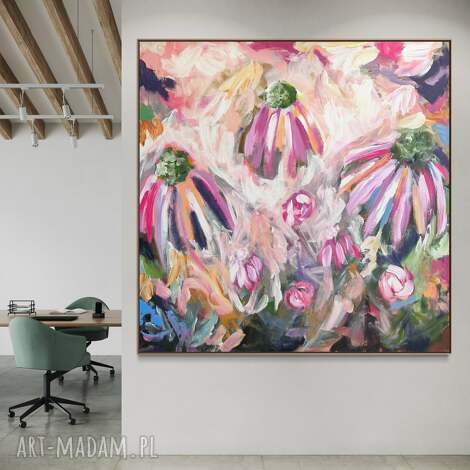 Ręcznie malowany obraz 100x100 cm - kwiatowa abstrakcja na płótnie (akryl) By Ferens