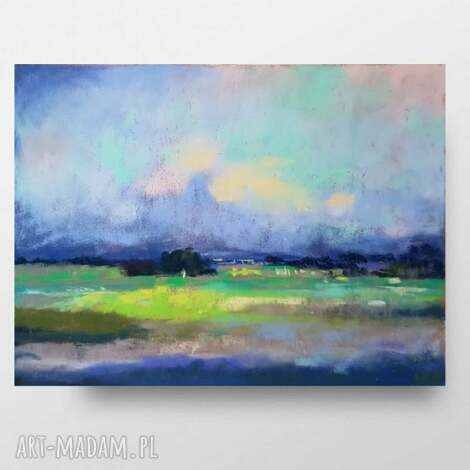 Pejzaż wykonany pastelami suchymi 24x18 cm - niebieski, zielony i fioletowy