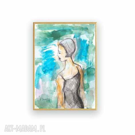 Oprawiona akwarela z pływaczką - ręcznie malowany obraz pod szkłem 22,5 x 31 cm