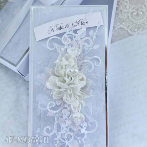 biało - srebrna kartka ślubna w pudełku - elegancka, kartka ślubna
