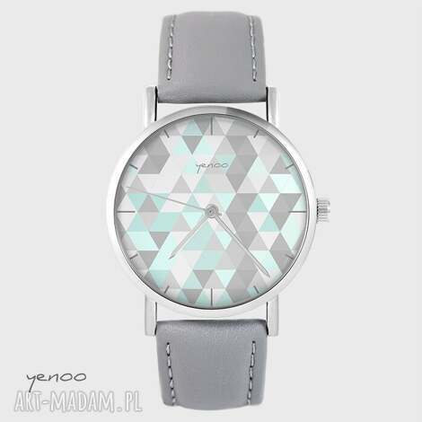 zegarek yenoo - geometric turkus skórzany, szary, pasek geometryczny, wzór