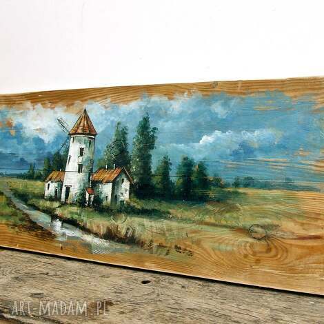 Obraz malowany na starych deskach - Młynarzówka (79 x 30,5 cm) rękodzieło do wnętrz w stylu rustykalnym