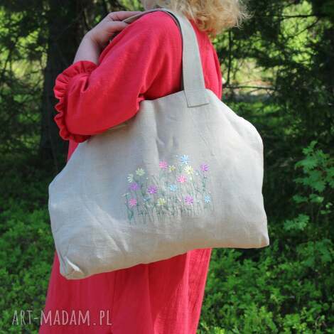 Torba lniana z haftem Łąka - ekotorba 58x42 cm z 100% lnu handmade