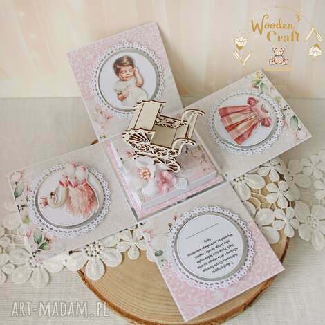 Exploding box na chrzest, roczek i narodziny dla dziewczynki Pink Flowers Girl 10x10x10 cm - GOTOWY