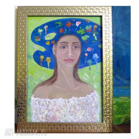Portret w złotej ramce - obraz olejny artystki Elisabeth 34x25 cm