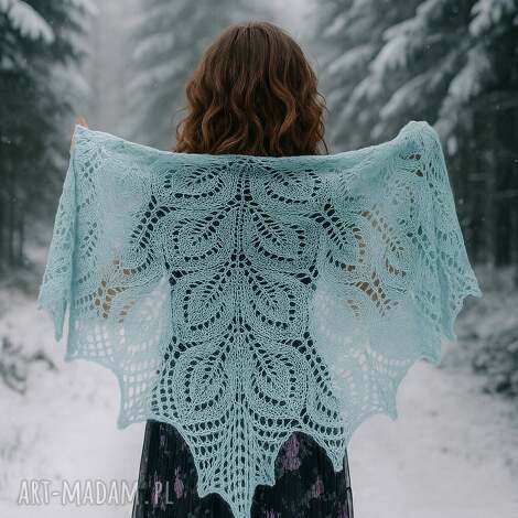 dziergana na drutach niebieska chusta w liście z jedwabiu i alpaki