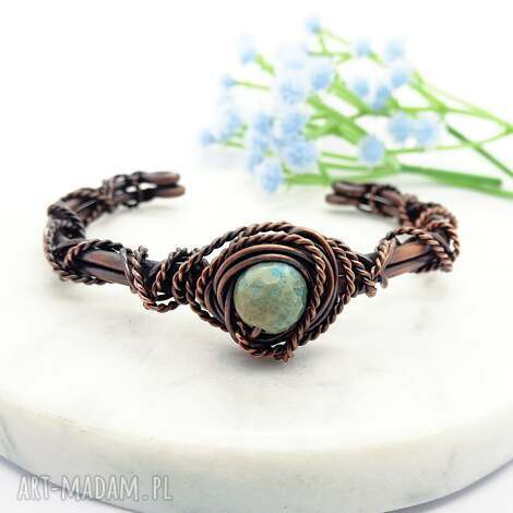 Bransoletka miedziana cuff z pastelowym jaspisem - ręcznie robiona biżuteria boho