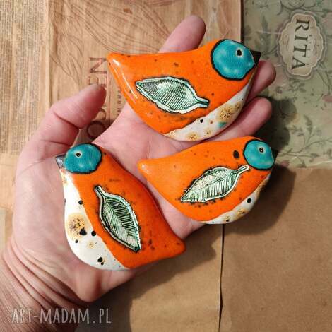 Ceramiczne magnesy na lodówkę - oranżowe ptaszki