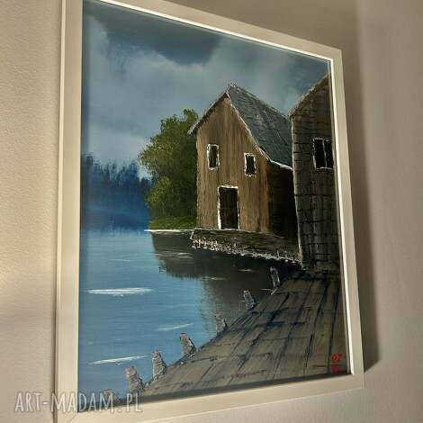 Oryginalny obraz olejny 40x50 cm z ramą - przystań nad rzeką