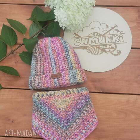 Czapka beanie z bandaną dla dziewczynki - pastelowe kolory, 1-2 lata (handmade)