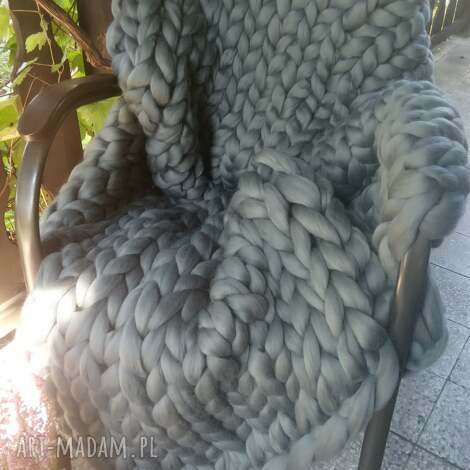 duży koc narzuta z merynosa, szary, wełny czesankowej