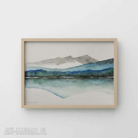 Oryginalna akwarela Pejzaż 18x24 cm w odcieniach zieleni i niebieskiego - sygnowana, bez ramy