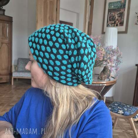 czapka smerfetka turkusowo - czarna na podszewce rozmiar uniwersalny box g1 kratka boho