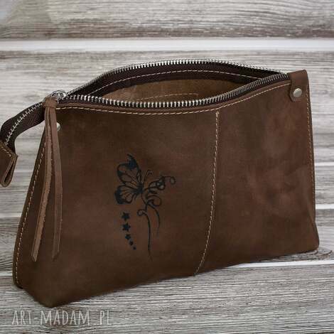 Brązowa skórzana kosmetyczka damska handmade - pojemny organizer na co dzień i w podróż
