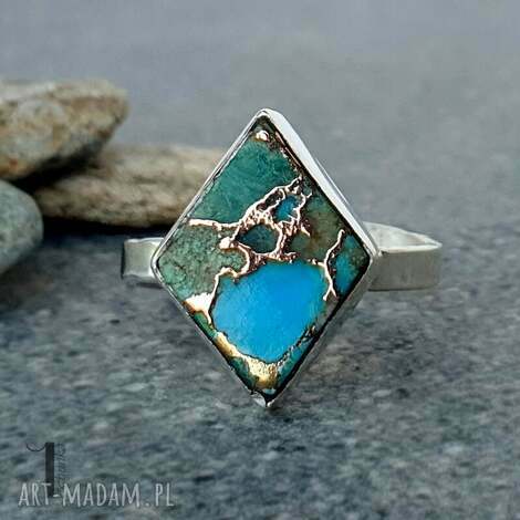 boho blue srebrny pierścionek z turkusem, metaloplastyka srebro minimalistyczny