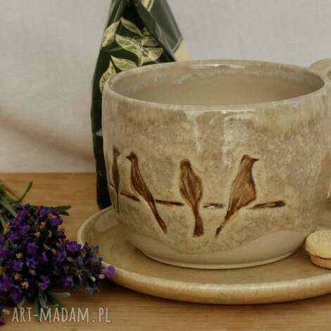 Filiżanka z ptaszkami i spodkiem - ceramika handmade