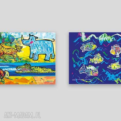 2 plakaty dla dzieci ze zwierzętami i rybkami - śmieszne grafiki 21x30 cm do pokoju
