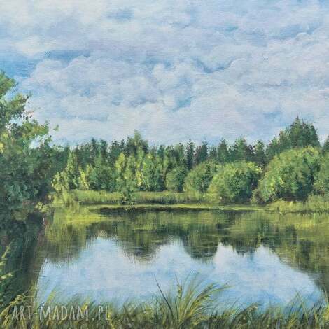 Obraz ręcznie malowany akrylowy „W Odbiciu Nieba” 30x40 cm - pejzaż z odbiciem w wodzie
