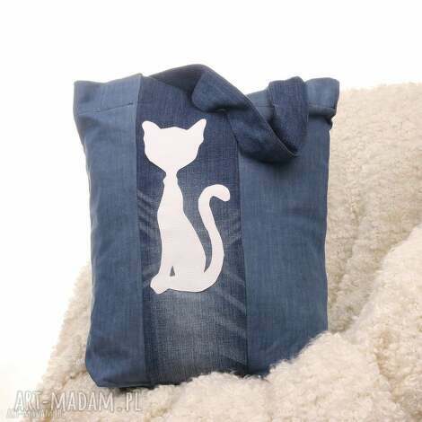 Dżinsowa torba na ramię z kotem - ręcznie wykonana denim jeans, pojemna Go Deco