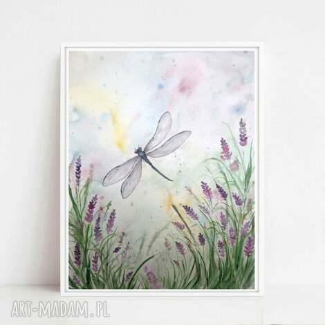 Oryginalna akwarela 30x40 cm Ważka na łące i wśród traw - obraz do oprawy