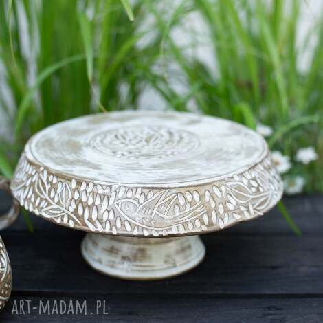Patera na ciasto - ptaszki - brązowy krem, sgrafitto (handmade)