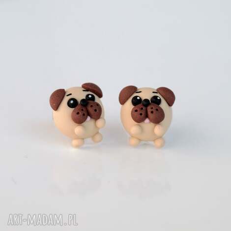 Kolczyki wkręty Pies mops - handmade z modeliny Fimo