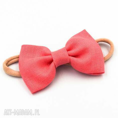 Opaska do włosów dla dziewczynki z kokardą lnianą coral pink LINEN - elastyczna