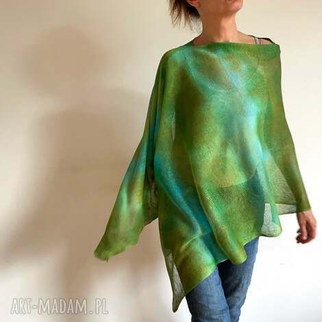 poncho lniana narzutka w zieleniach, ponczo, tunika len, unikat prezent