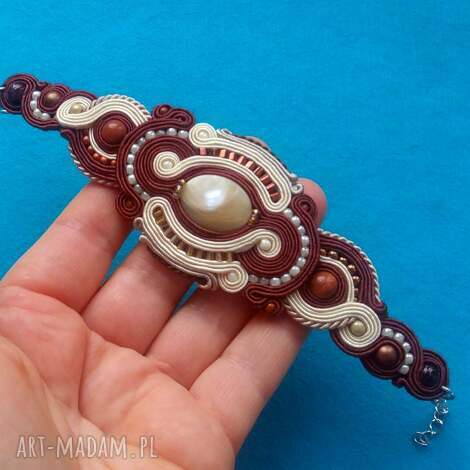 Bransoletka sutasz z masą perłową brązowo-kremowa - handmade